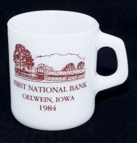 Galaxy Fire King First National Bank Oelwein Iowa 1984 Milk Glass Coffee Mu